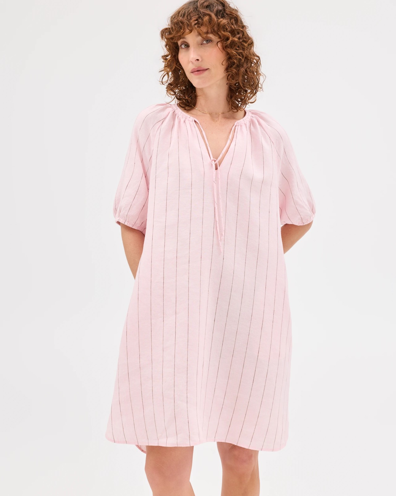 European Linen Mini Femme Dress - Pale Pink Stripe 5 of 6