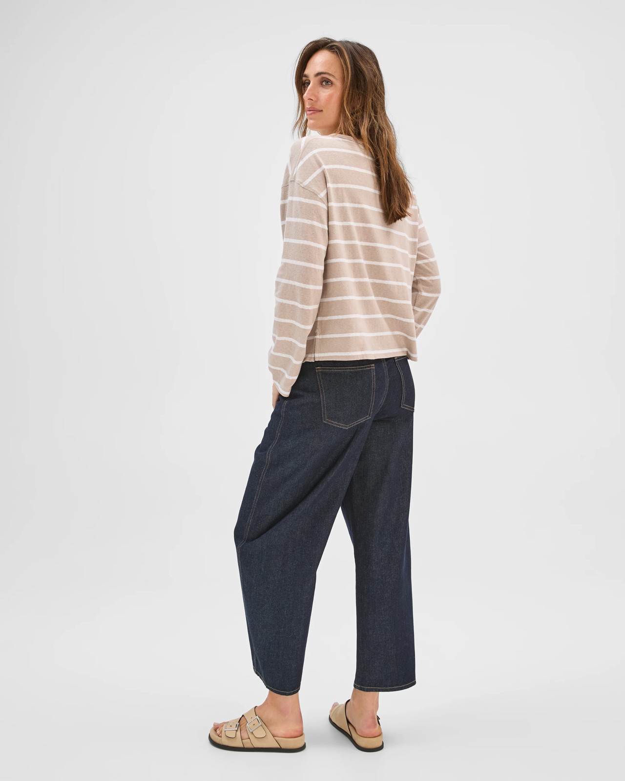 Australian Cotton Long Sleeve Relaxed Slub T-Shirt - Soft Taupe/Pearl Stripe 6 of 6