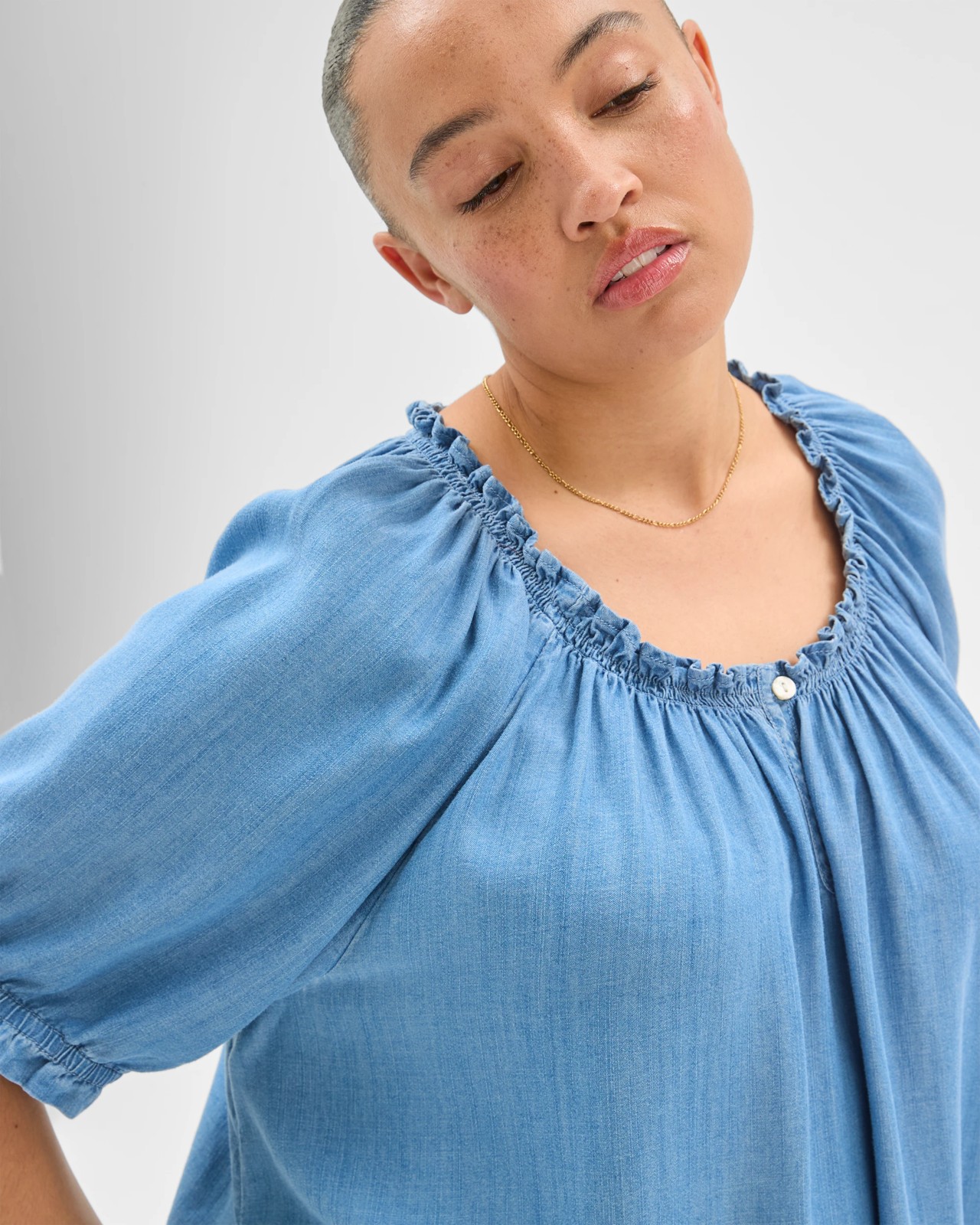 Plus Size Lyocell Short Sleeve Shirred Chambray Blouse 3 of 5
