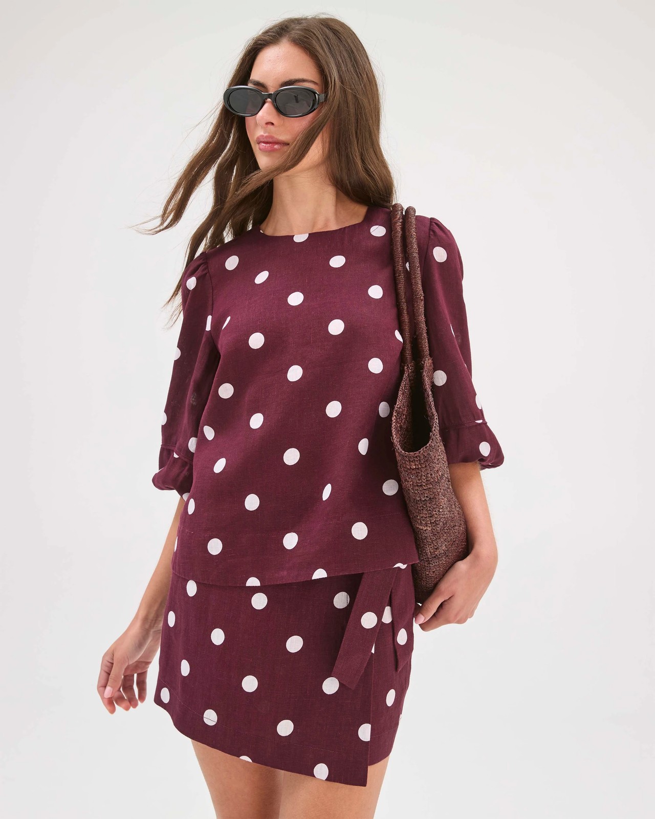 Petites European Linen 3/4 Sleeve Trim Detail Blouse - Merlot 6 of 6