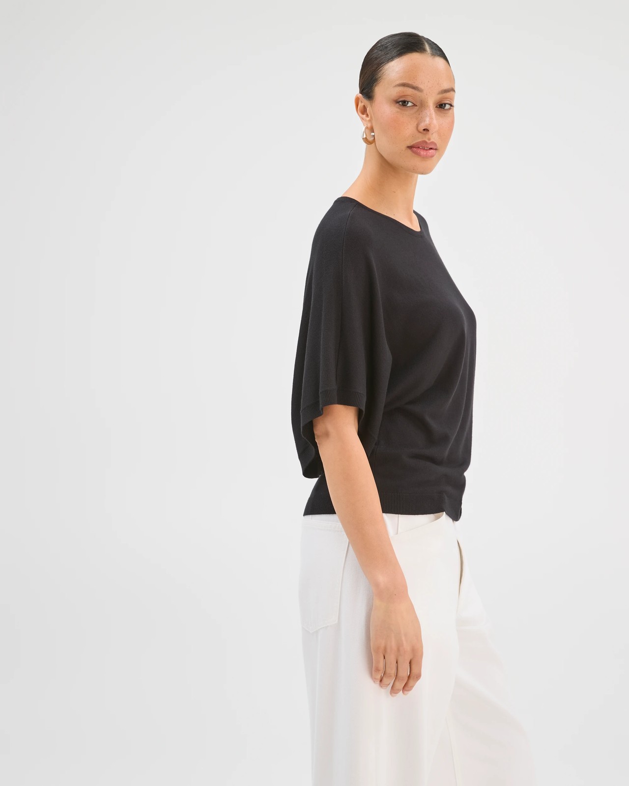 Batwing Sleeve Knitted T-Shirt - Black 6 of 6