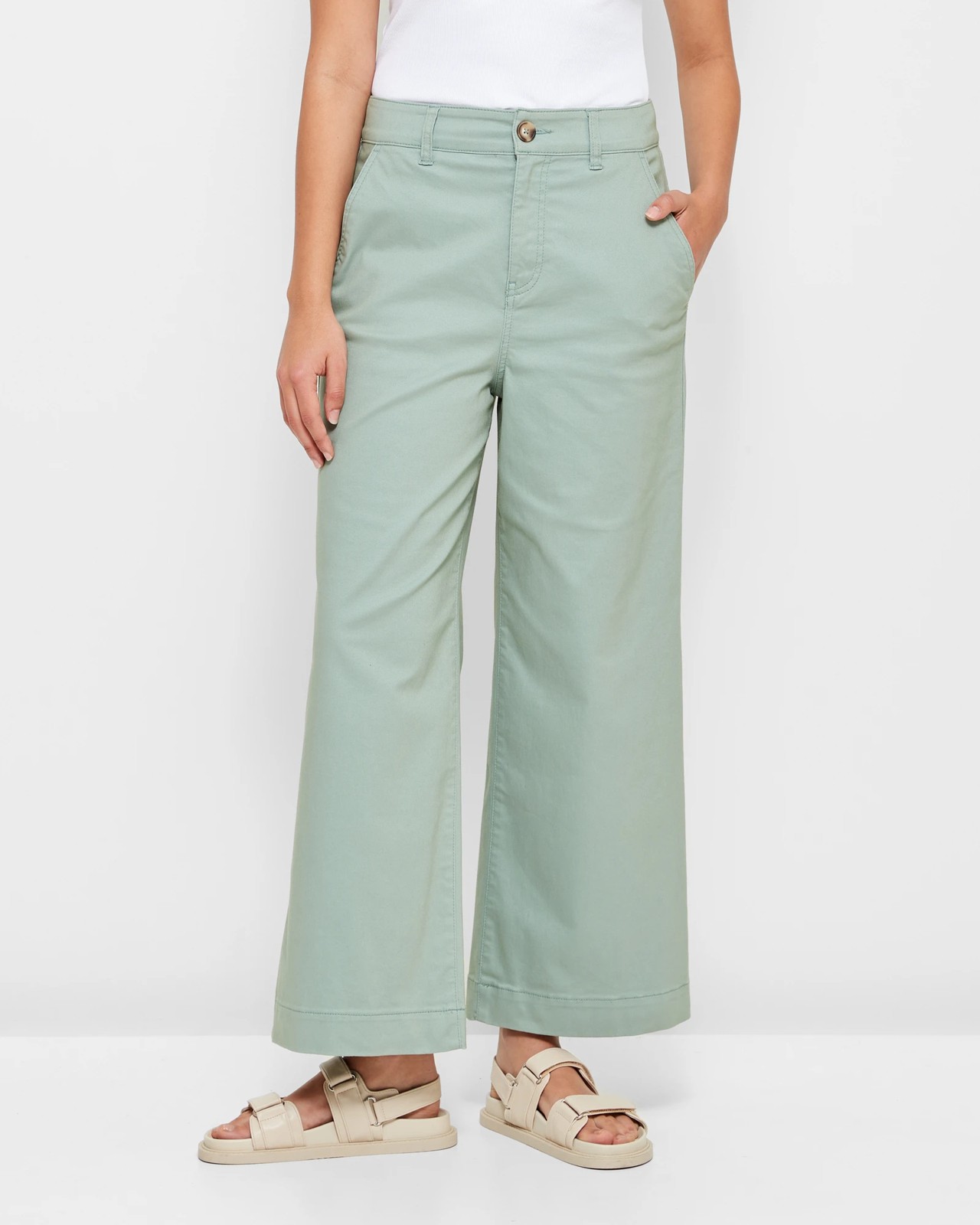 Wide-leg Twill Pants - Green - Ladies