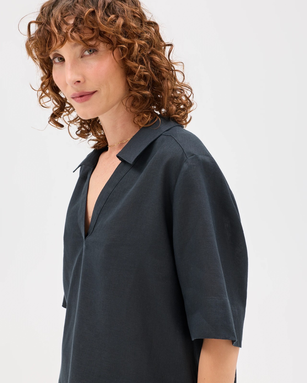 European Linen Short Sleeve A-Line Popover Shirt - Black 6 of 6