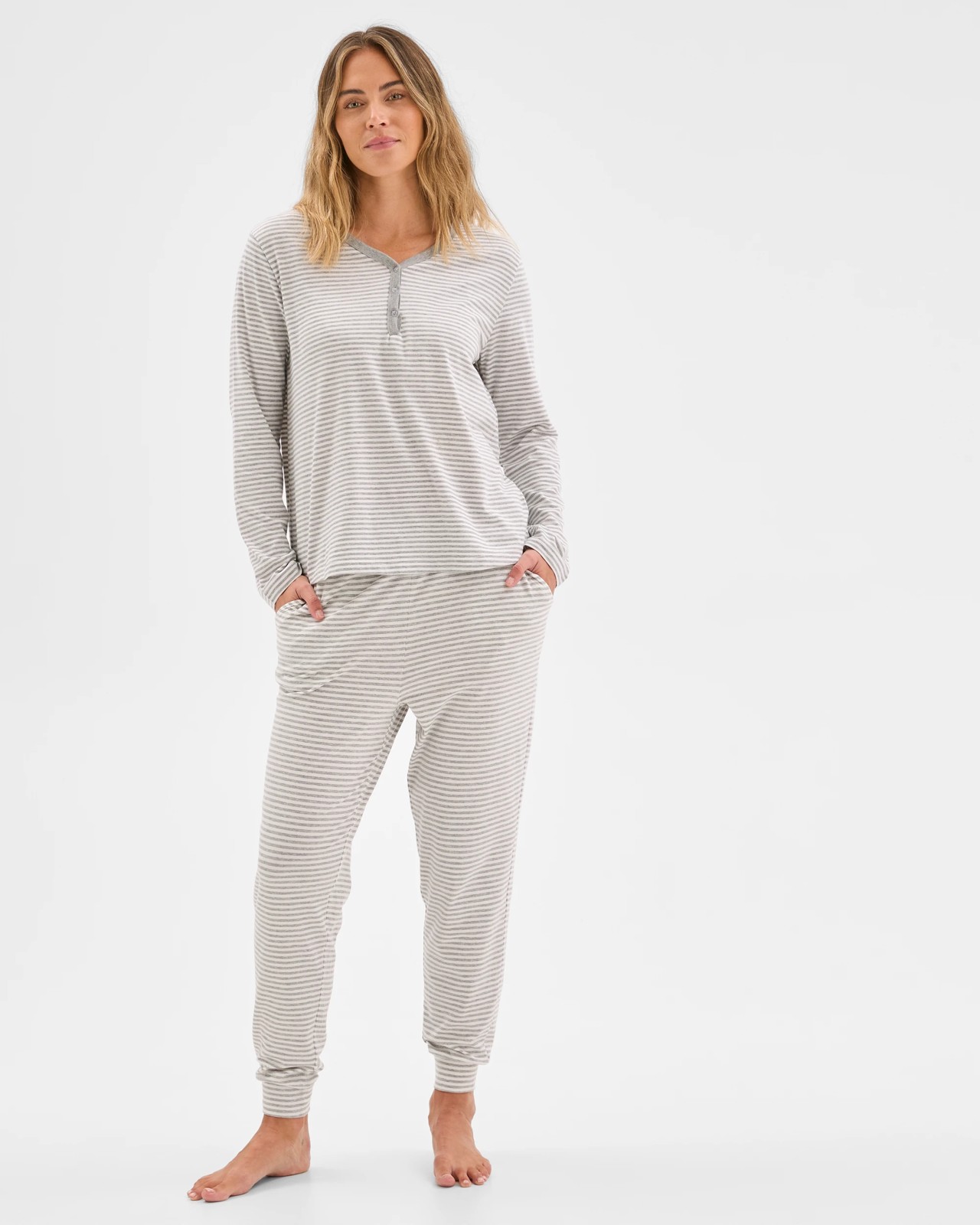 Australian Cotton Blend Long Sleeve Henley Stripe Sleep T-Shirt 2 of 5