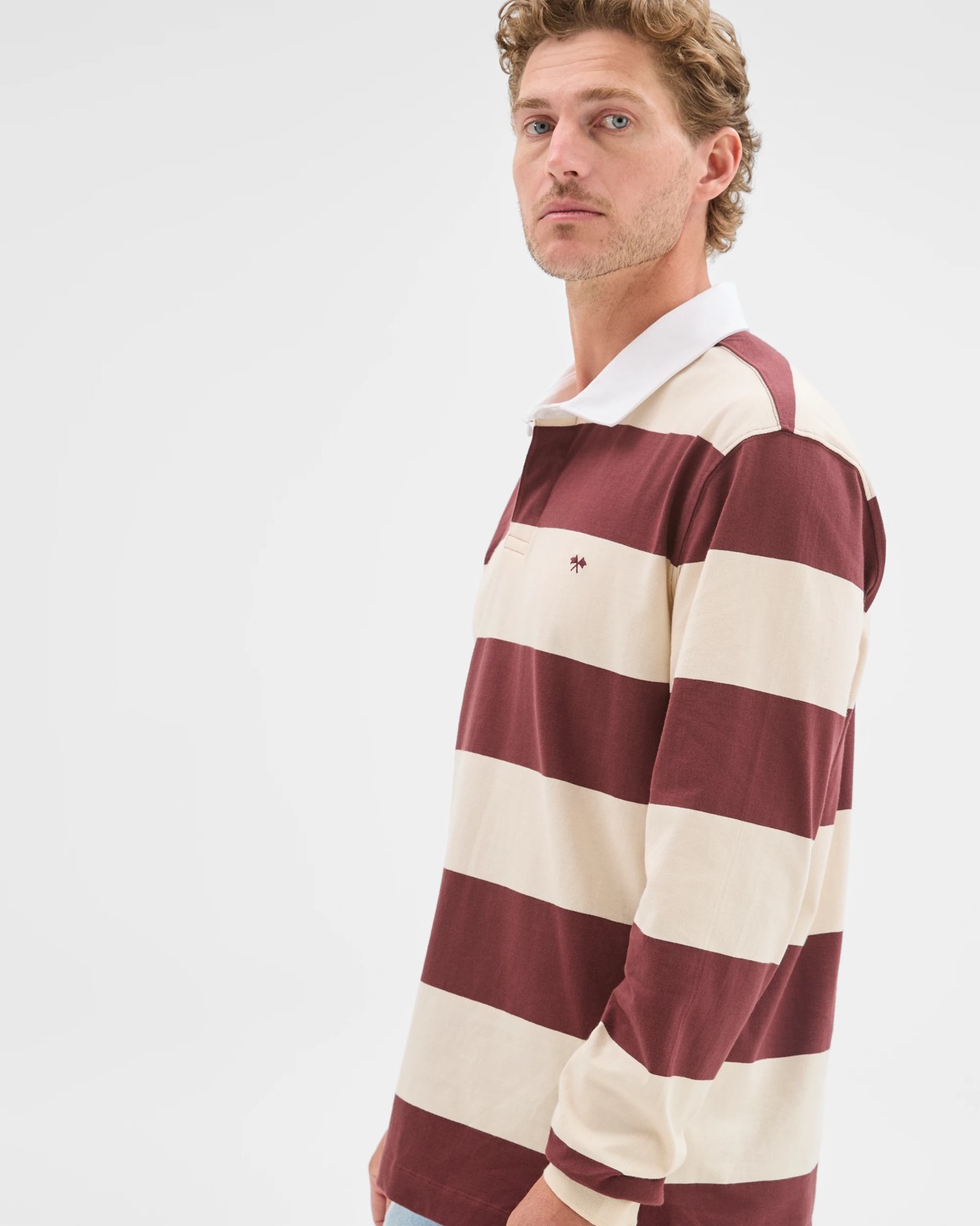 Australian Cotton Long Sleeve Rugby Polo Top - Stone Stripe 4 of 5
