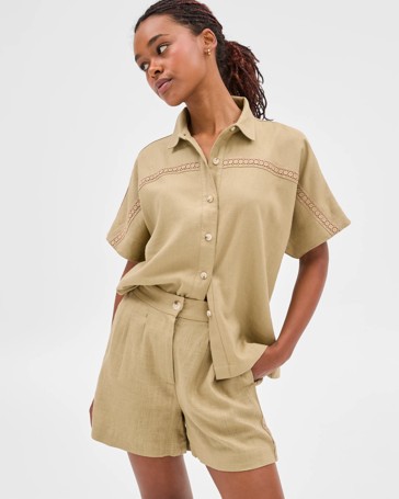 Petites Linen Blend Crochet Trim Shirt