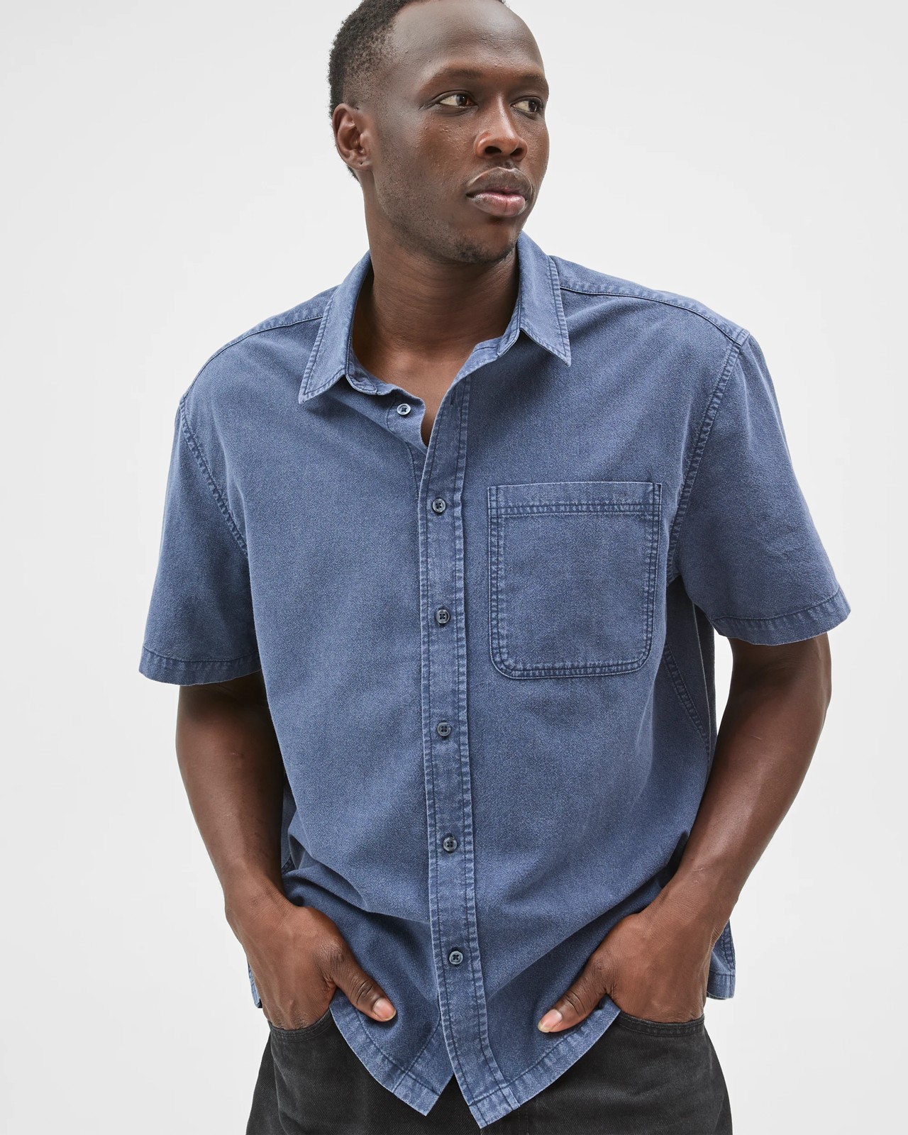 Commons Australian Cotton Plain Textured Boxy Fit Short Sleeve Shirt - Ombre Blue 5 of 5