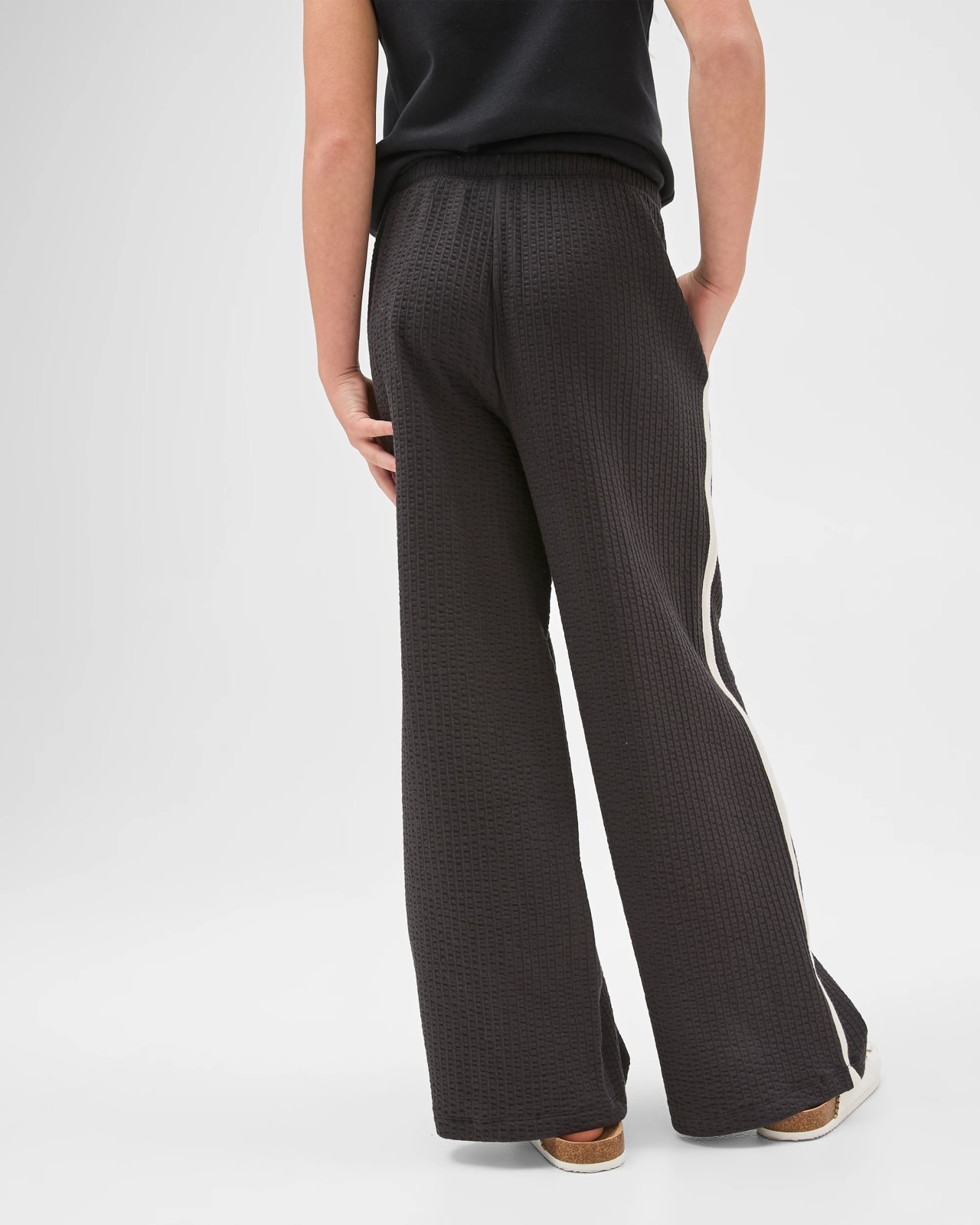 Australian Cotton Blend Textured Side Taped Wide Leg Knit Pants - Black 4 of 6